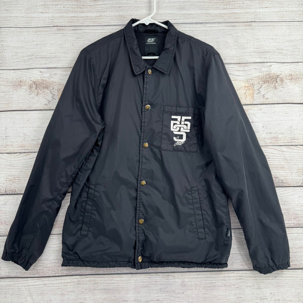 FiftyFiveDSL Coach Jacket Men Large Black Logo Snap Front Nylon Streetwear